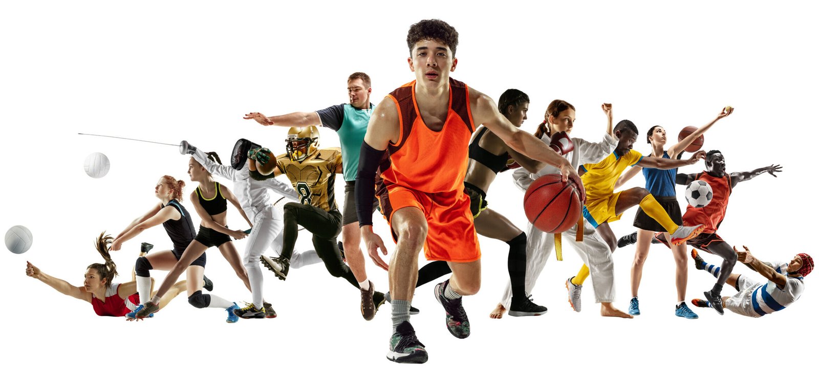 sport collage of professional athletes or players isolated on white background, flyer